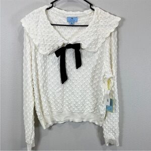 Cece Long Sleeve Pointelle Bow-Detail cotton sweater collar